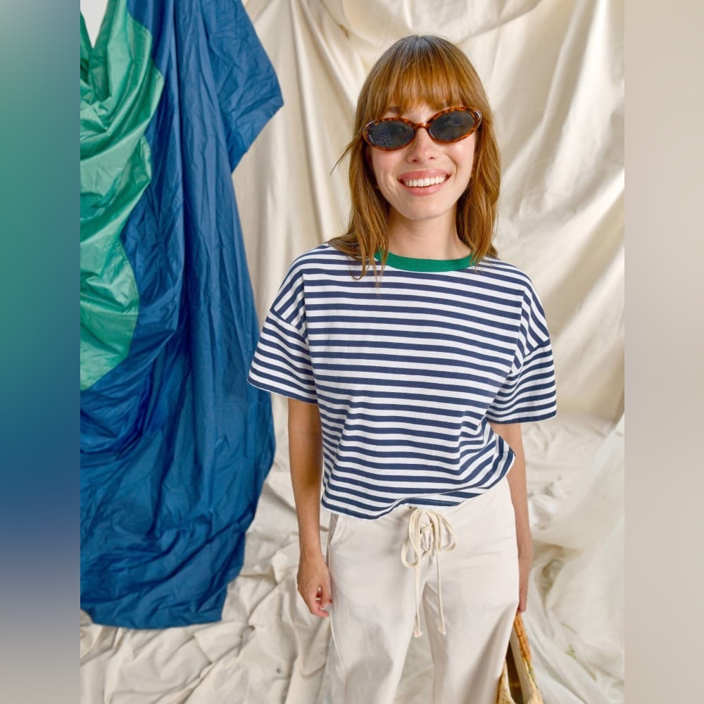 Sundry Navy and White Striped Tee with Green Trim